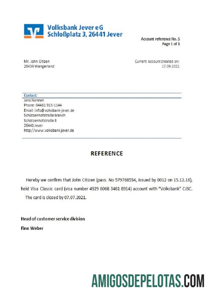 Referência de fechamento do Volksbank da Alemanha exemplo real